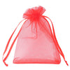 A bright red organza drawstring gift bag with a gathered top, shown against a white background.