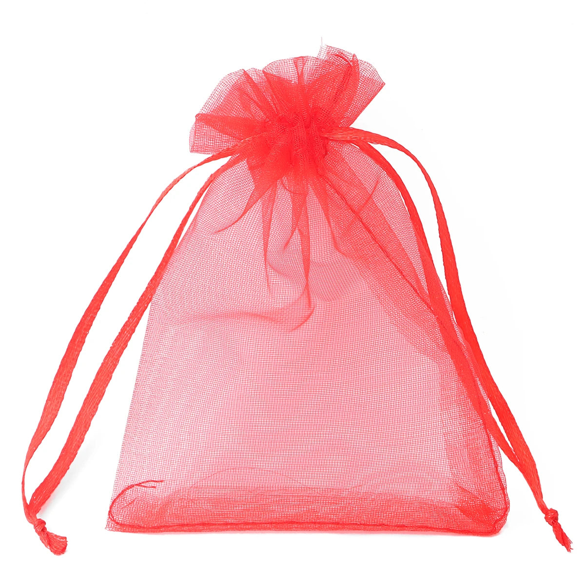 A bright red organza drawstring gift bag with a gathered top, shown against a white background.
