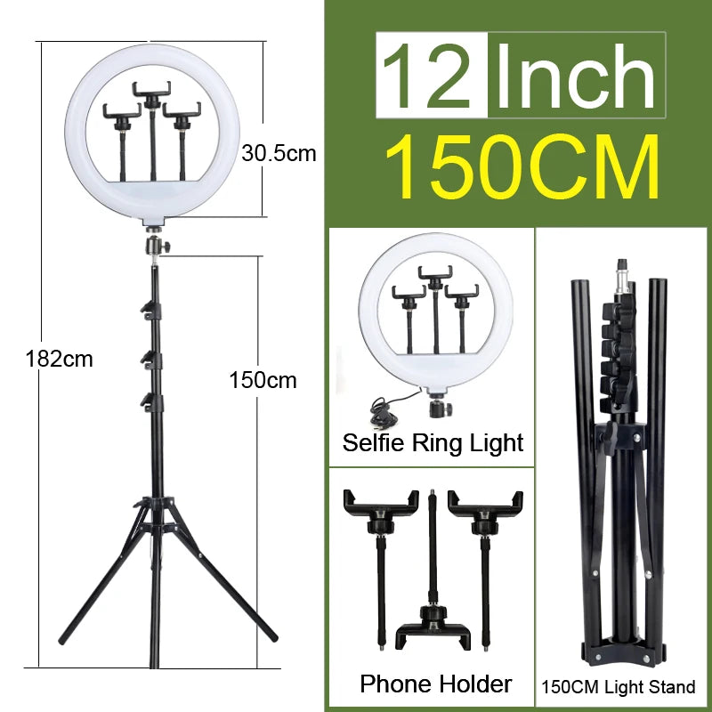 12 inch 150cm selfie ring light with tripod and phone holder stand