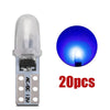 A single T5 wedge LED bulb with a silver base and clear glass, shown next to a close-up of its illuminated light.