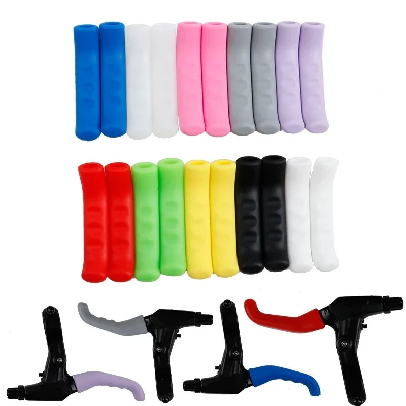 A pair of silicone bicycle brake lever covers in various colors including blue, white, pink, and gray.