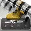 A roll of gold and black striped PVC wallpaper being peeled from a roll.