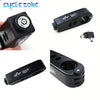 A black Off-lock compact handlebar lock for bikes and scooters, shown in various views.