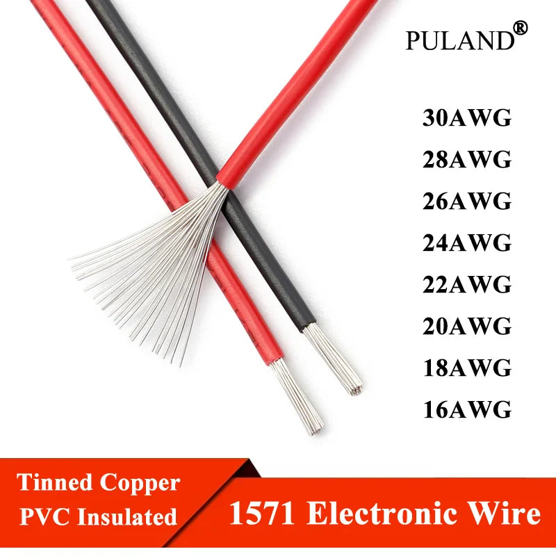 A collection of various gauge electronic wires, ranging from 16 to 30 AWG, are displayed with red and black insulation.