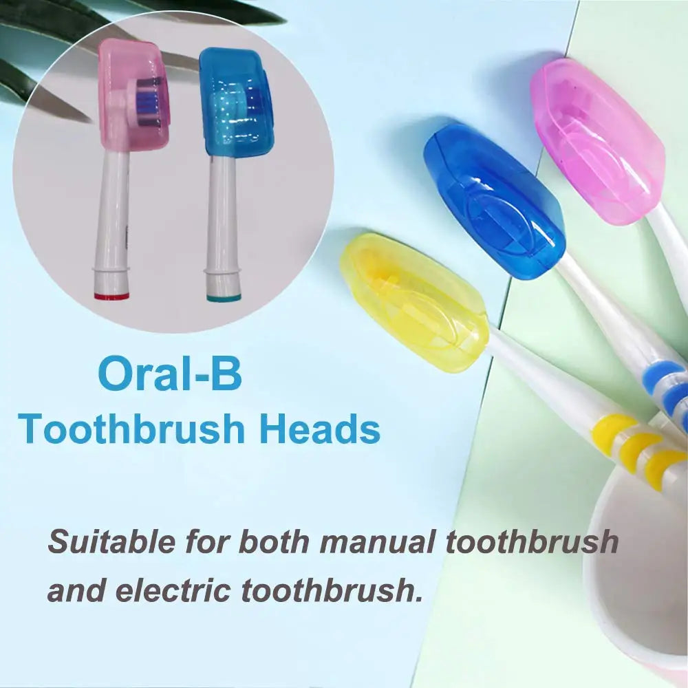 A collection of colorful oral toothbrush heads in various shades including pink, blue, and yellow, shown next to a white cont