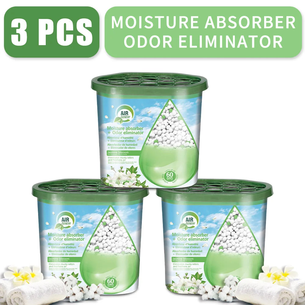 Three reusable moisture absorber odor eliminator boxes with white floral accents