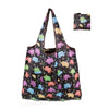 A reusable shopping tote bag featuring a dark background with colorful animal patterns and an attached small carry pouch.