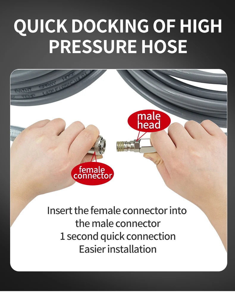 Hands demonstrate the quick docking of a male and female connector for a high-pressure hose installation.