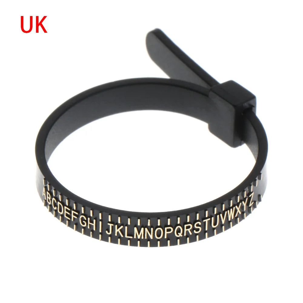 Black ring sizer measuring tool with a magnifier and adjustable ring.
