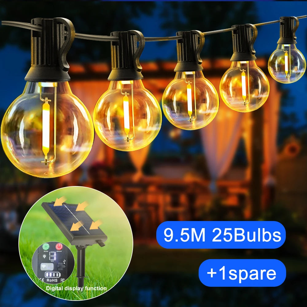 Guirlande lumineuse avec ampoules sphériques G40 à énergie solaire, affichage numérique