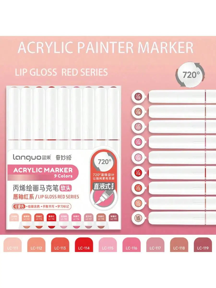 Acrylic painter marker set with 9 colors in red series featuring 720 degree tips for lip gloss and art