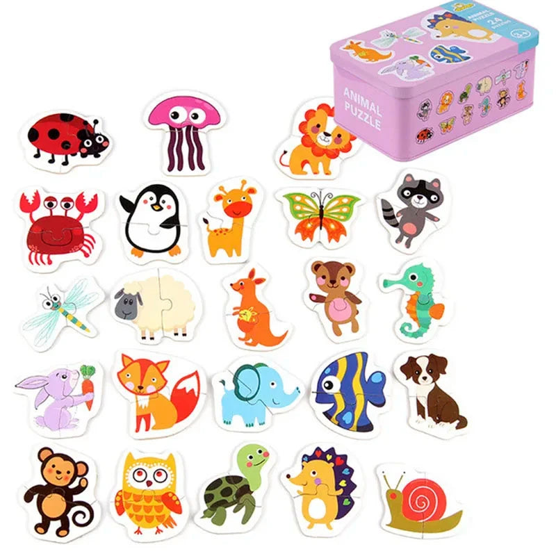 A set of wooden animal and vehicle puzzles with a storage box featuring various colorful animals like a lion, butterfly, elep