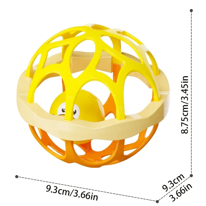 A yellow and orange baby sensory spinning rattle toy set with a circular frame.