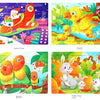 A set of wooden animal jigsaw puzzles featuring Santa Claus, a duck, and various birds.