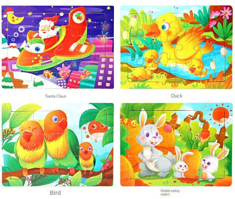 A set of wooden animal jigsaw puzzles featuring Santa Claus, a duck, and various birds.