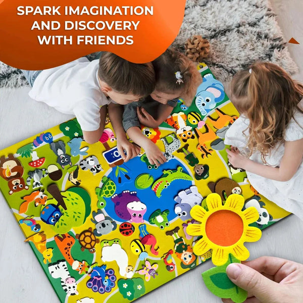 Children interacting with a colorful felt story board featuring farm animals and nature elements.