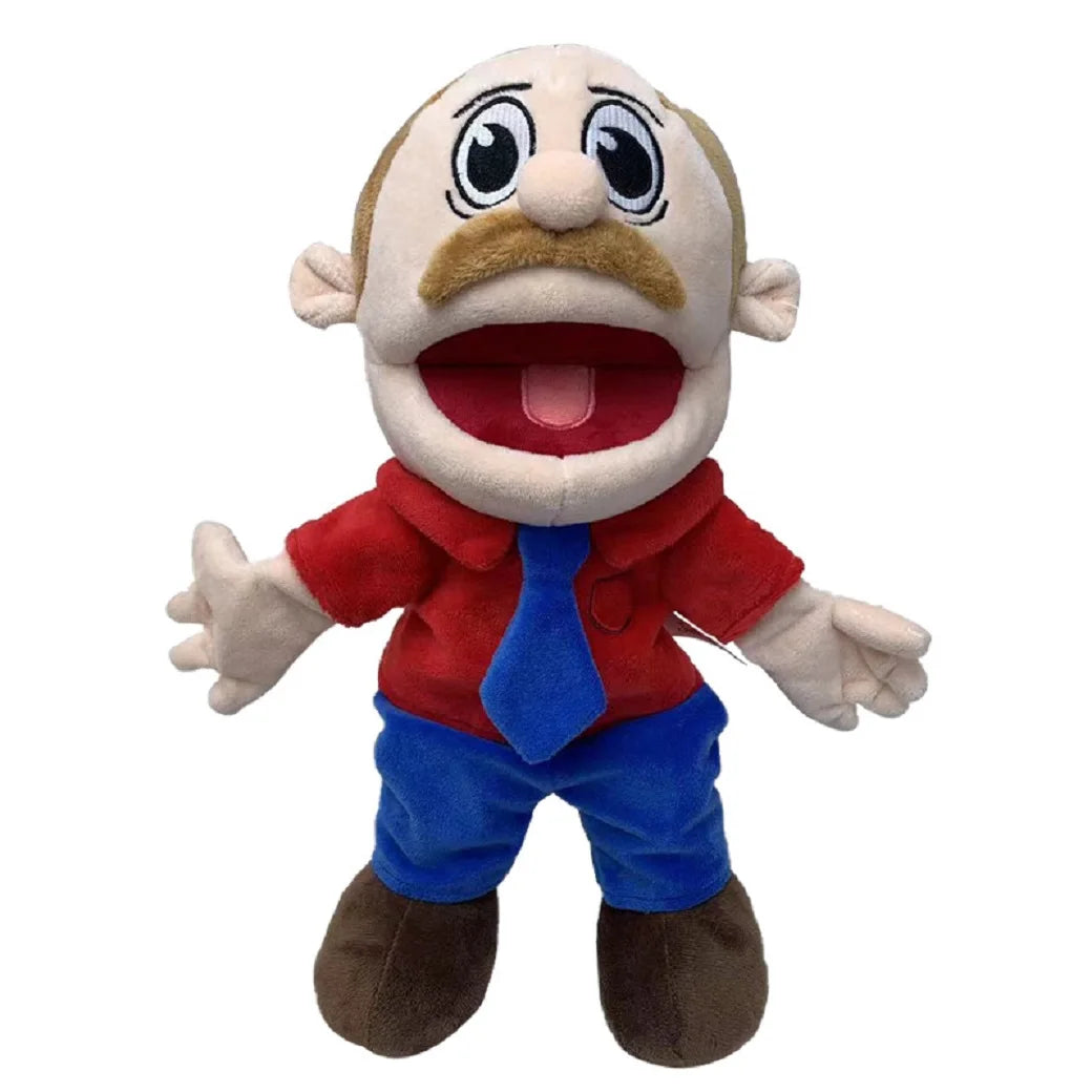 A plush toy of Jeffy, a puppet character with white hair, a mustache, and a red shirt.