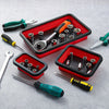 A set of three collapsible magnetic parts trays and various tools are displayed on a gray surface.