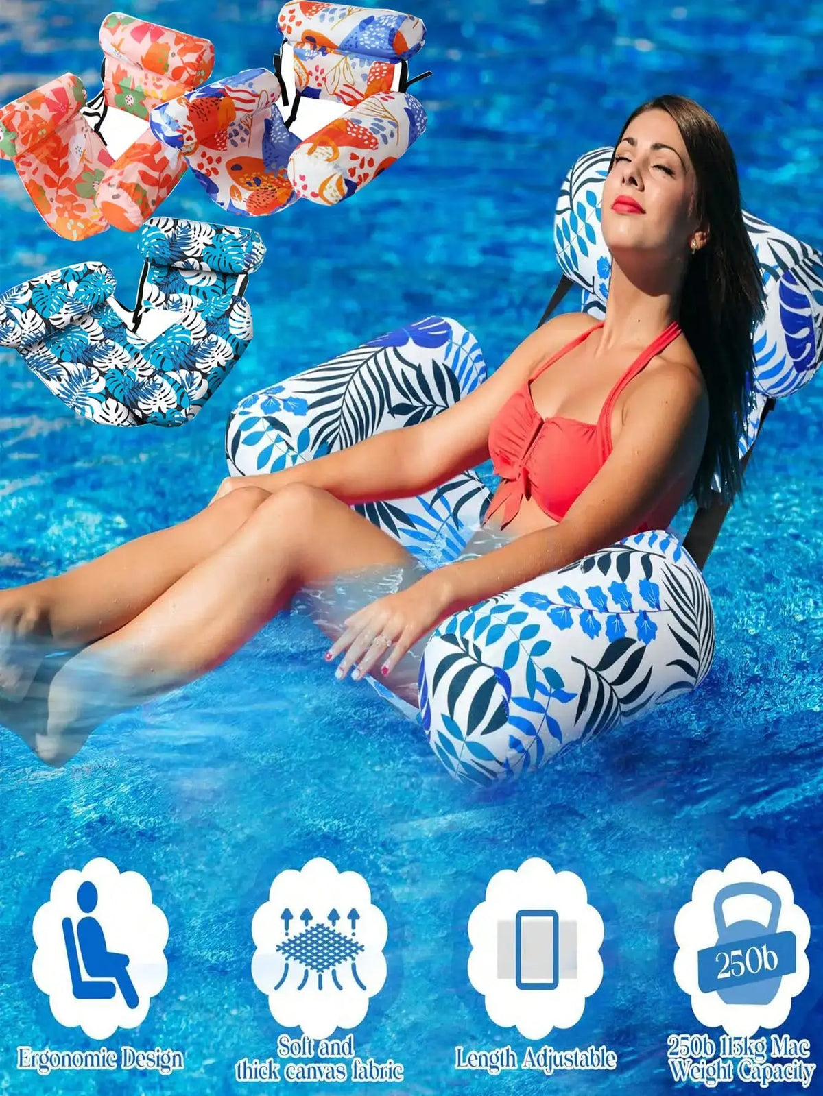 Inflatable Water Hammock with Armrests – Tropical Leaf Pool Lounger for Adults