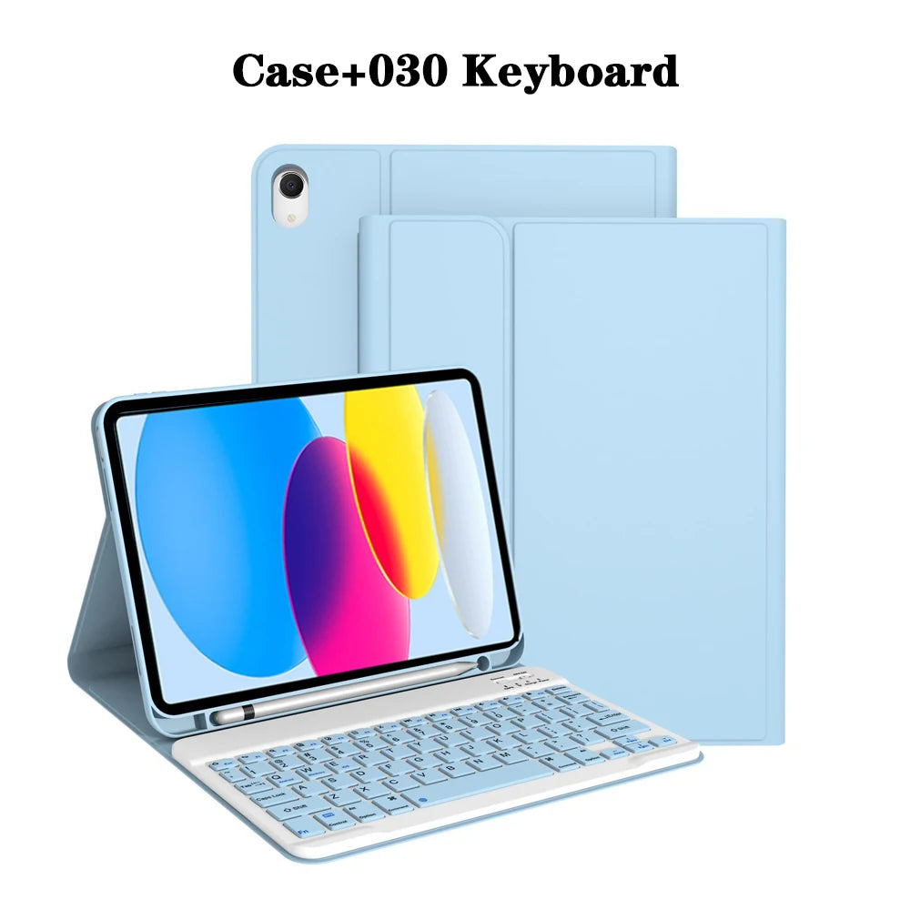 A light blue detachable wireless keyboard case for an iPad, showing the keyboard and case components.