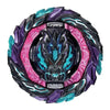 A battle spinning top with metal construction featuring purple, teal, and pink accents.