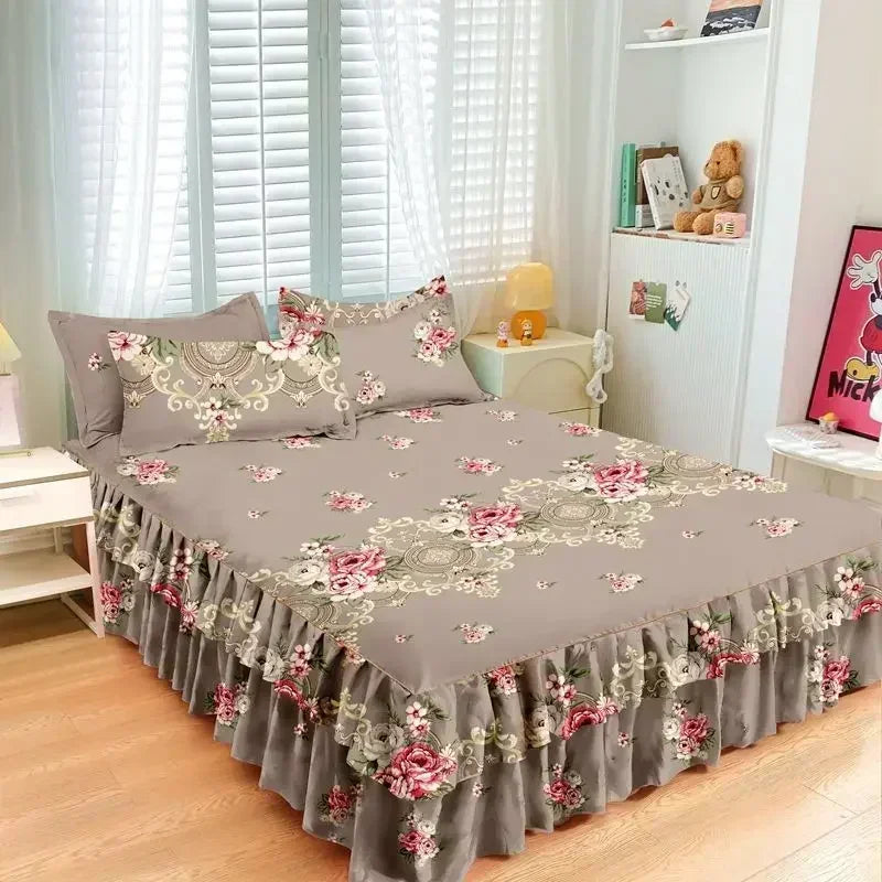 Floral Bed Skirt Set with Anti-Slip Mattress Cover