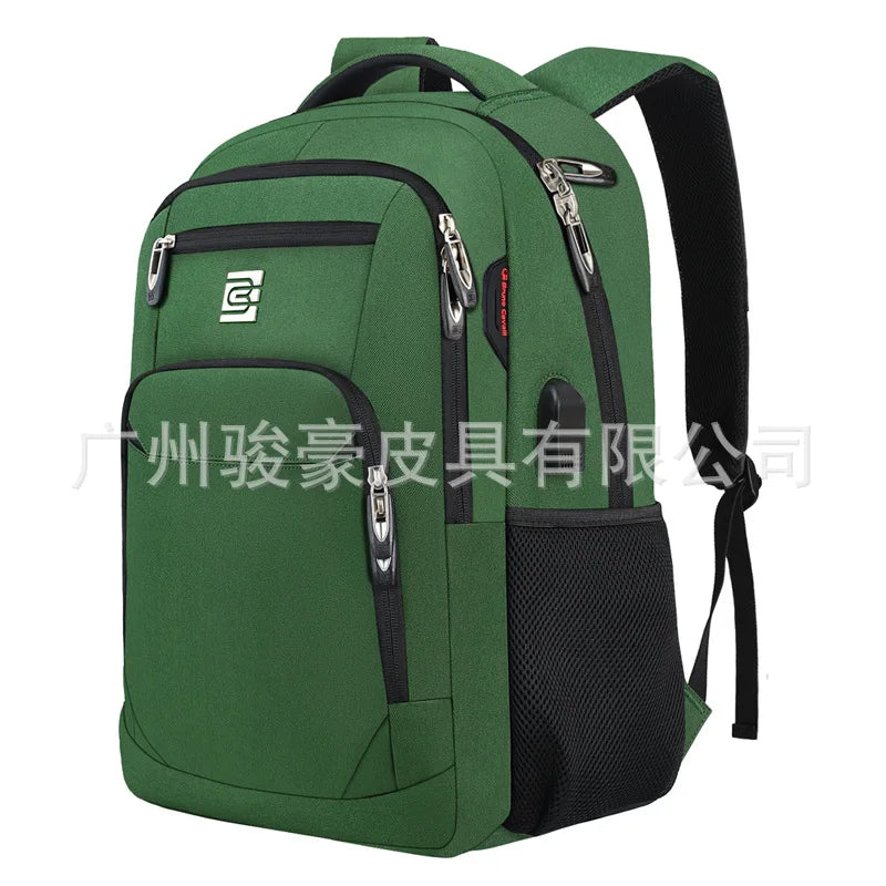 Dunkelgrüner Slim-Laptop-Rucksack mit mehreren Reißverschlusstaschen und schwarzem Trageriemen.