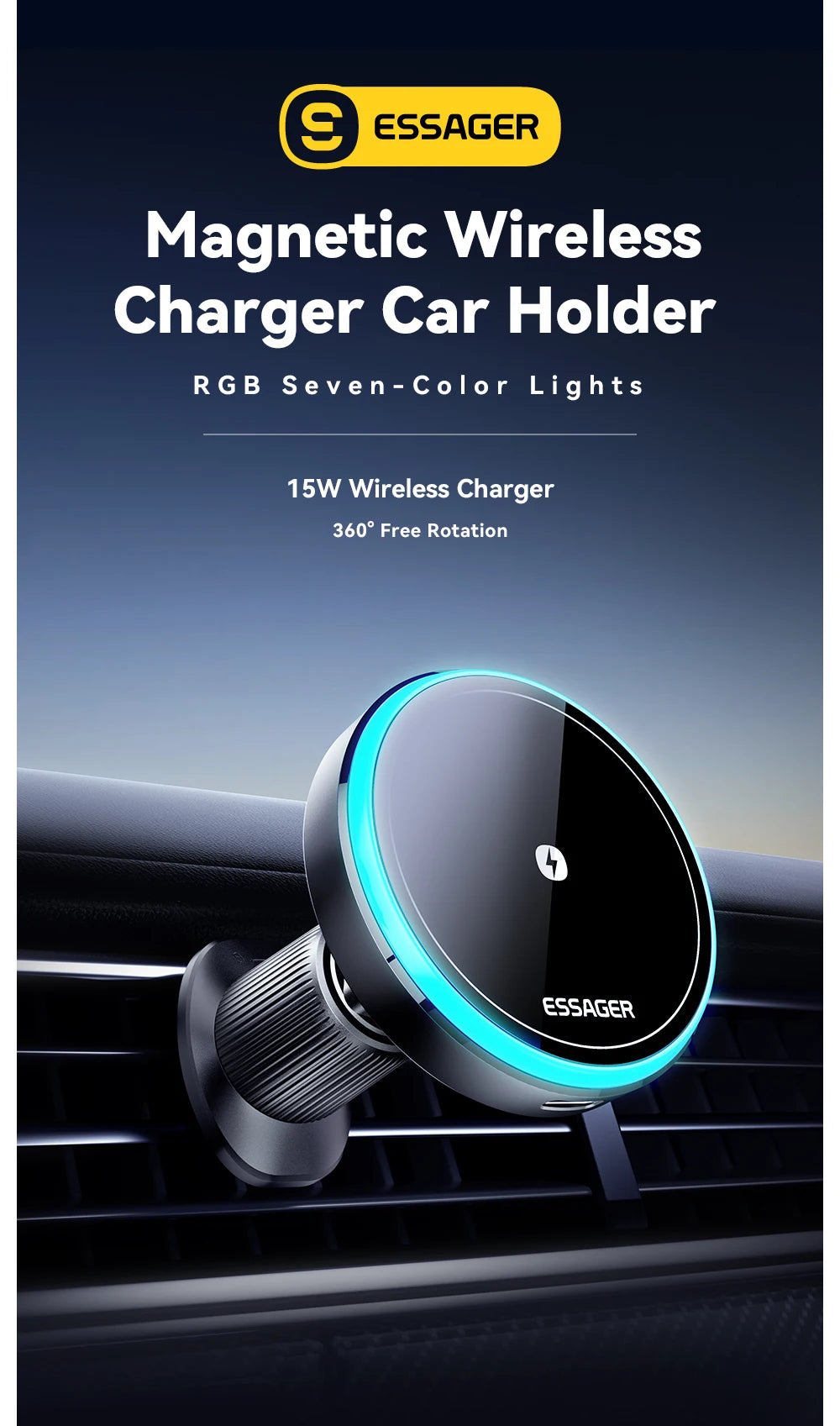 A black magnetic wireless car charger holder with blue RGB lights mounted on a car grille.