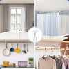 Two self-adhesive ceiling curtain rod brackets are shown in various contexts, including a window and a closet shelf.