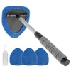 Extendable car windshield cleaner with a black handle and four blue microfiber cleaning pads