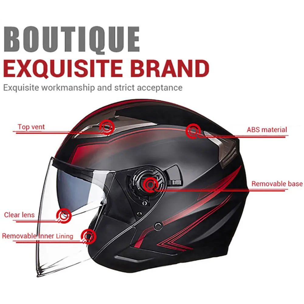 Black motorcycle helmet with clear visor and removable inner lining shown against a white background.