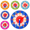 A set of colorful wooden learning clocks showing various times and angles for educational purposes.