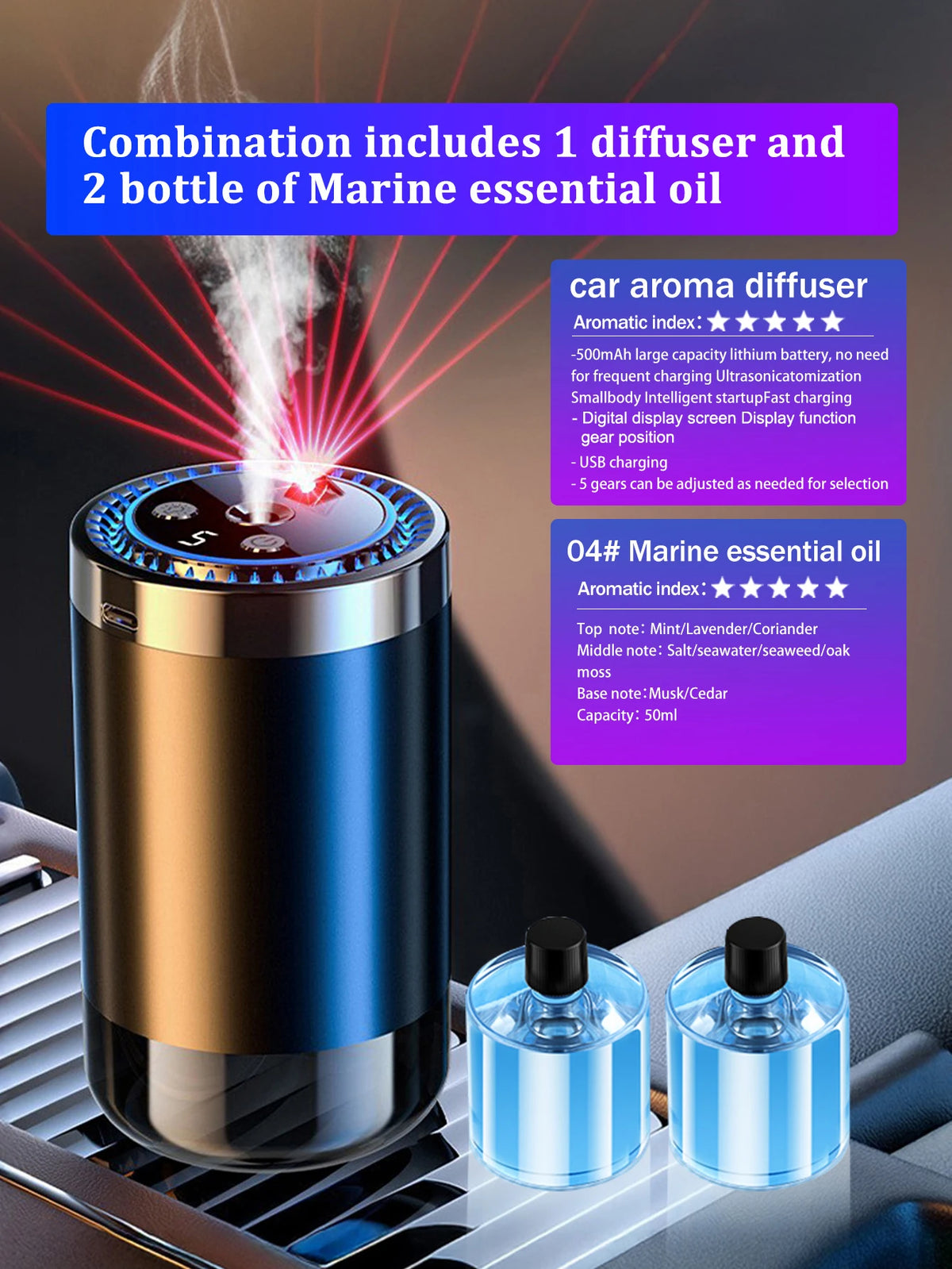 Diffuseur d'arômes portable USB pour voiture avec flacons d'huiles essentielles et écran.