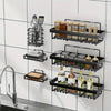 Black adhesive wall-mounted shower shelves with various organizers for bathroom storage
