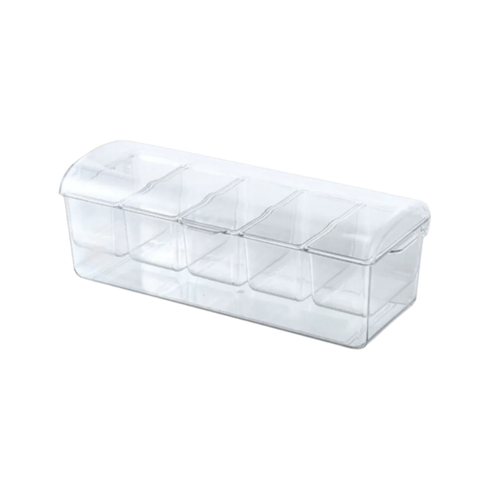 Clear plastic 5-compartment condiment server with an ice base