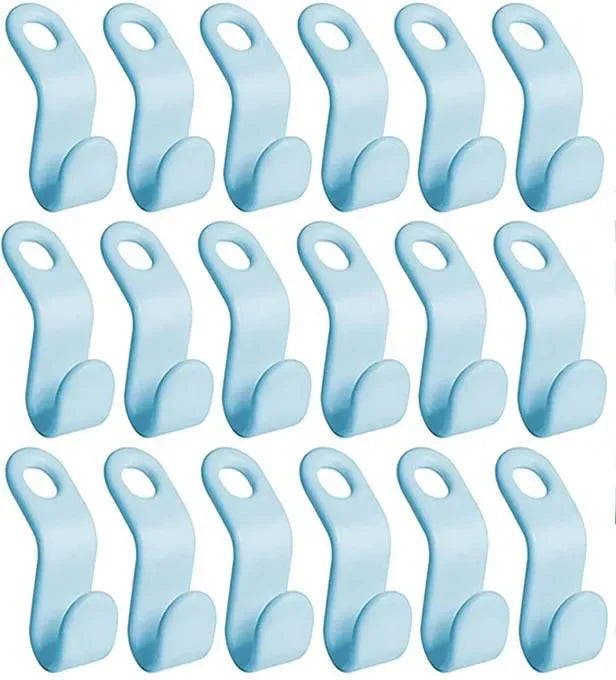 A set of light blue cascading clothes hanger connector hooks for space-saving wardrobe organization.