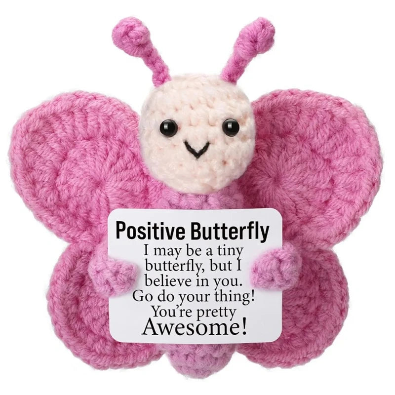 Handmade crochet butterfly doll in pink with a positive message card