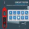 A red digital circuit tester device with an LED voltage display is shown against a dark background.