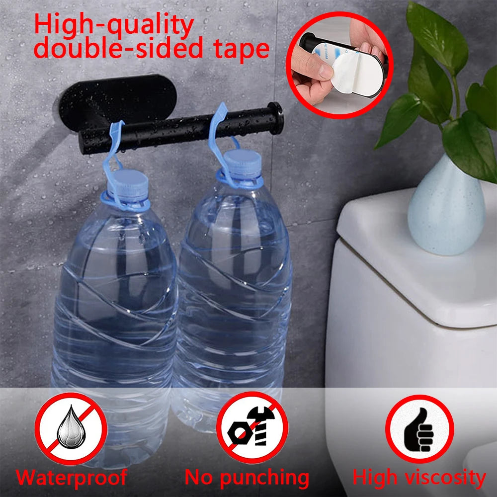 Two bottles of water are shown with a double-sided tape rack and a cleaning wipe, highlighting waterproof, non-punching, and 