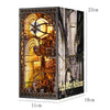 A wooden puzzle bookshelf insert decor featuring a detailed scene with an illuminated globe and antique machinery.
