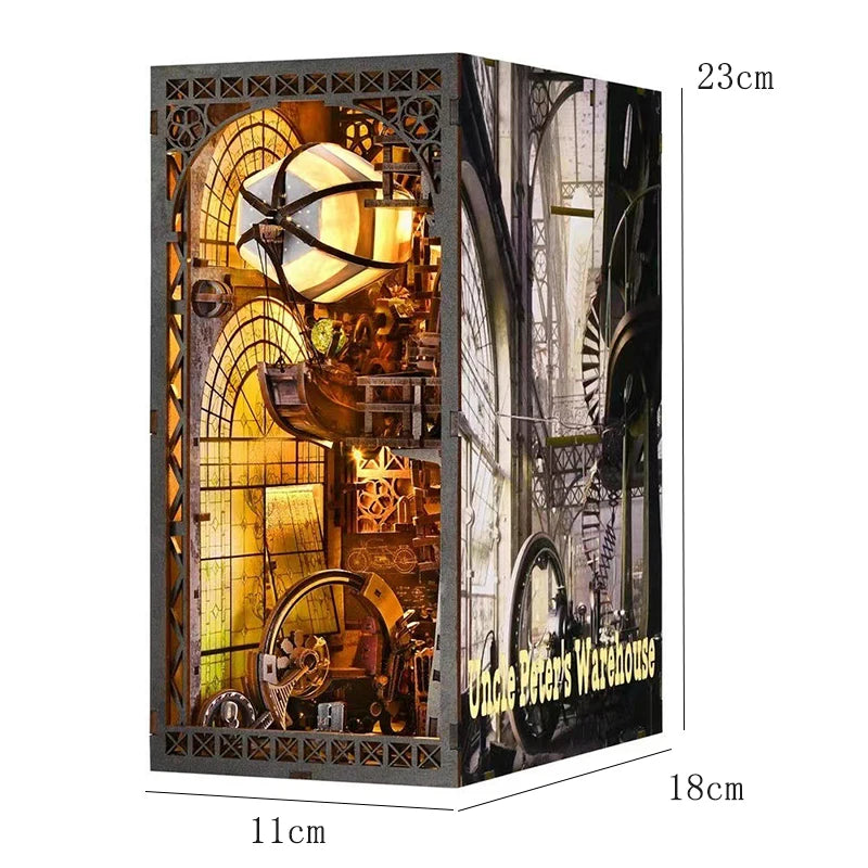 A wooden puzzle bookshelf insert decor featuring a detailed scene with an illuminated globe and antique machinery.