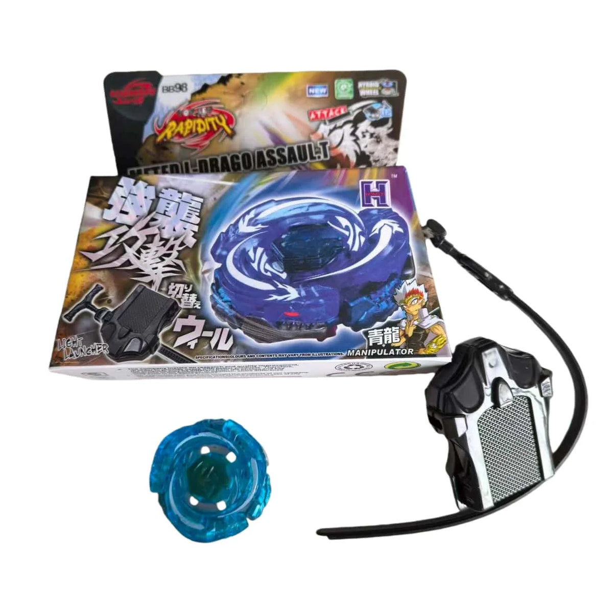 A box and a black spinning top toy of the 4D Metal Fusion Battle Set with Launcher.