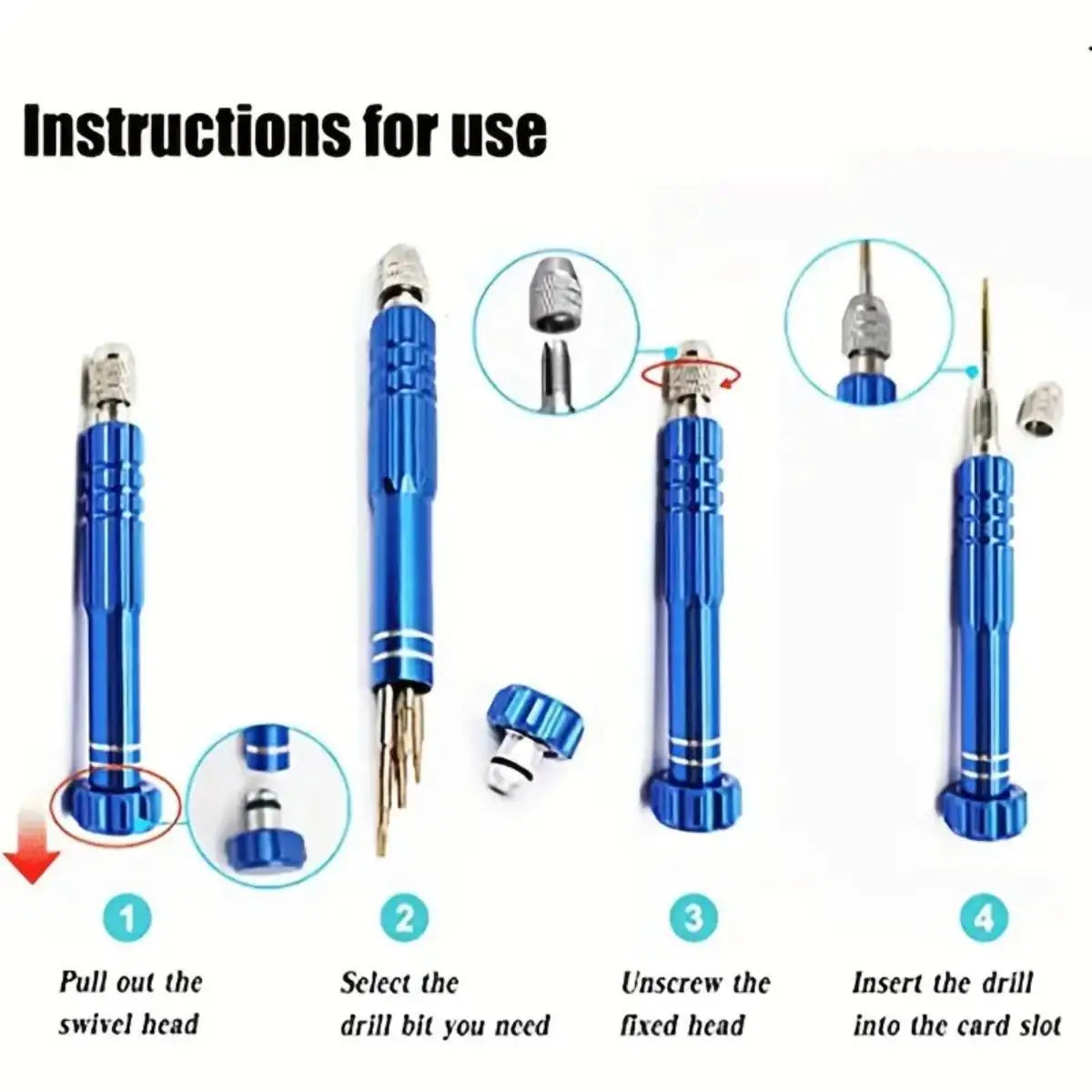 Instructions for use showing steps to pull out and insert a drill bit into a screwdriver set