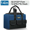 A blue heavy duty tool bag with black straps and multiple pockets shown from the top.