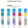 A set of five thicknesses of anti-skip sewing machine needles in clear plastic packaging, labeled with various sizes and quan