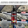 Before and after comparison of headlight restoration liquid results on a car headlight.