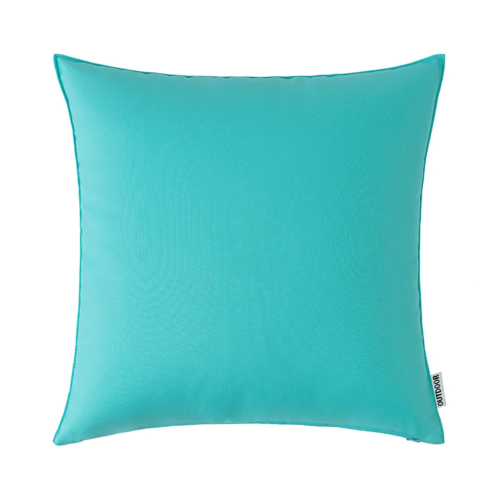 A square, teal outdoor pillow cover with a linen texture.