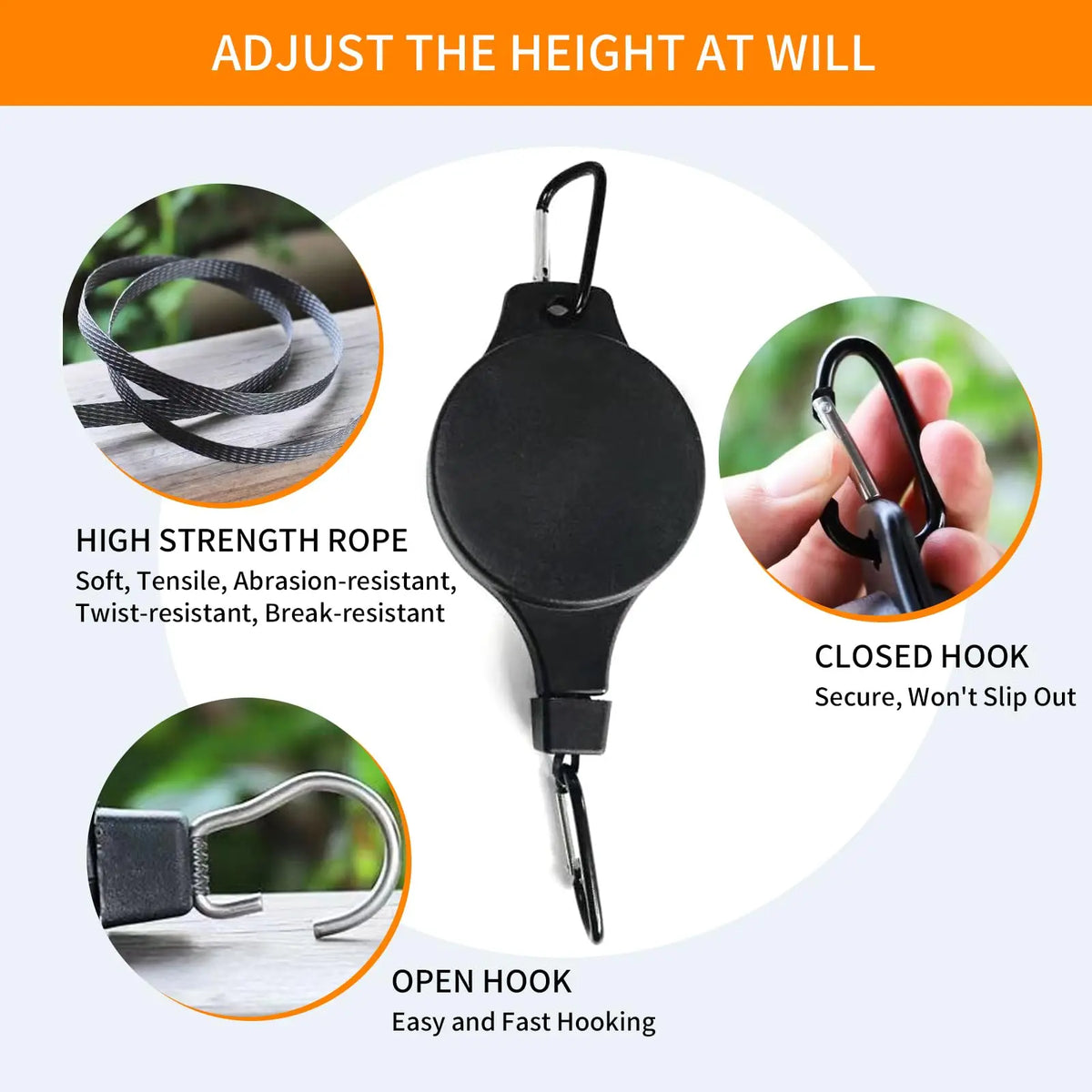 Black adjustable hanging plant pulley with high strength rope and both closed and open hooks