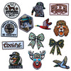 A collection of embroidered hunting patches featuring various animals and themes like a Southern Boy, a hunter, and a fowl-mo