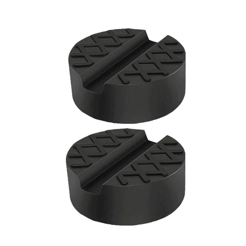 Black rubber pad for a universal car jack with a slotted frame rail adapter.